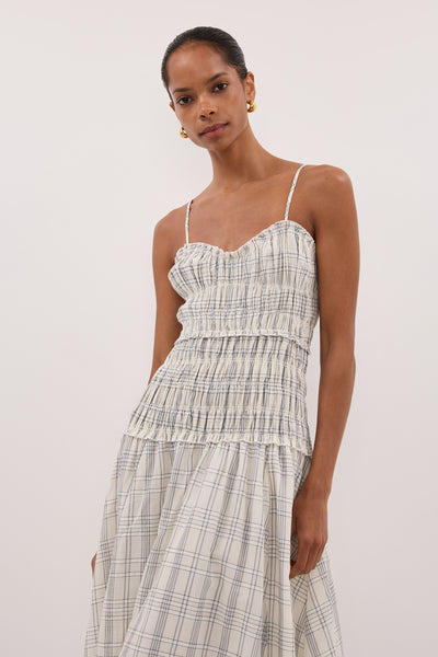Kristen wearing PETRA OFF WHITE CHECK MIDI DRESS