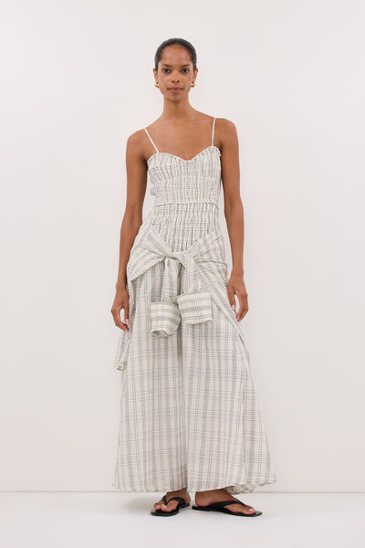 Kristen wearing PETRA OFF WHITE CHECK MIDI DRESS