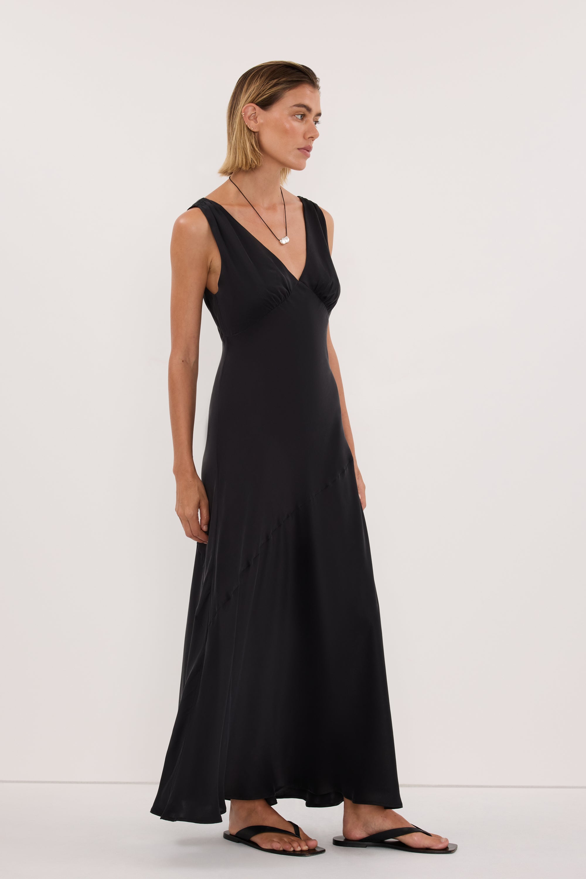 MILA BLACK SILK MIDI DRESS