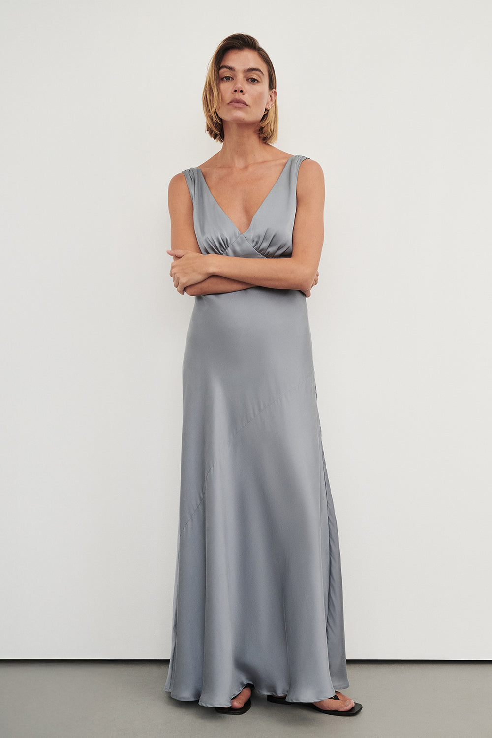 MILA DUSTY BLUE SILK MIDI DRESS