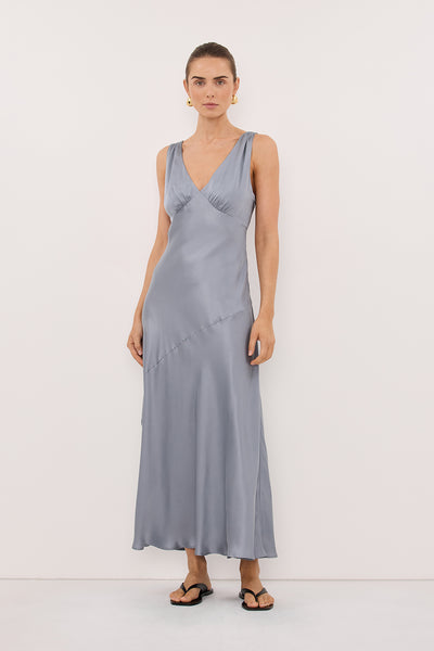 Stas wearing MILA DUSTY BLUE SILK MIDI DRESS