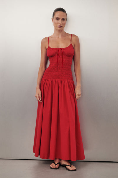 Casey wearing PALOMA RED COTTON MIDI DRESS
