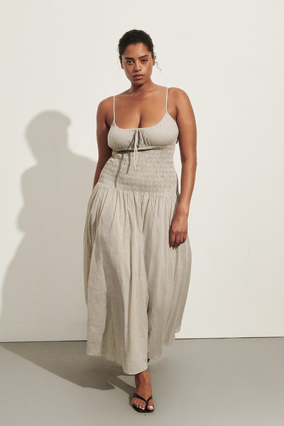 Amanda wearing LILA CREAM CHECK MIDI DRESS