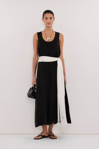 Aude wearing PALORA BLACK CUPRO SCOOP MIDI DRESS
