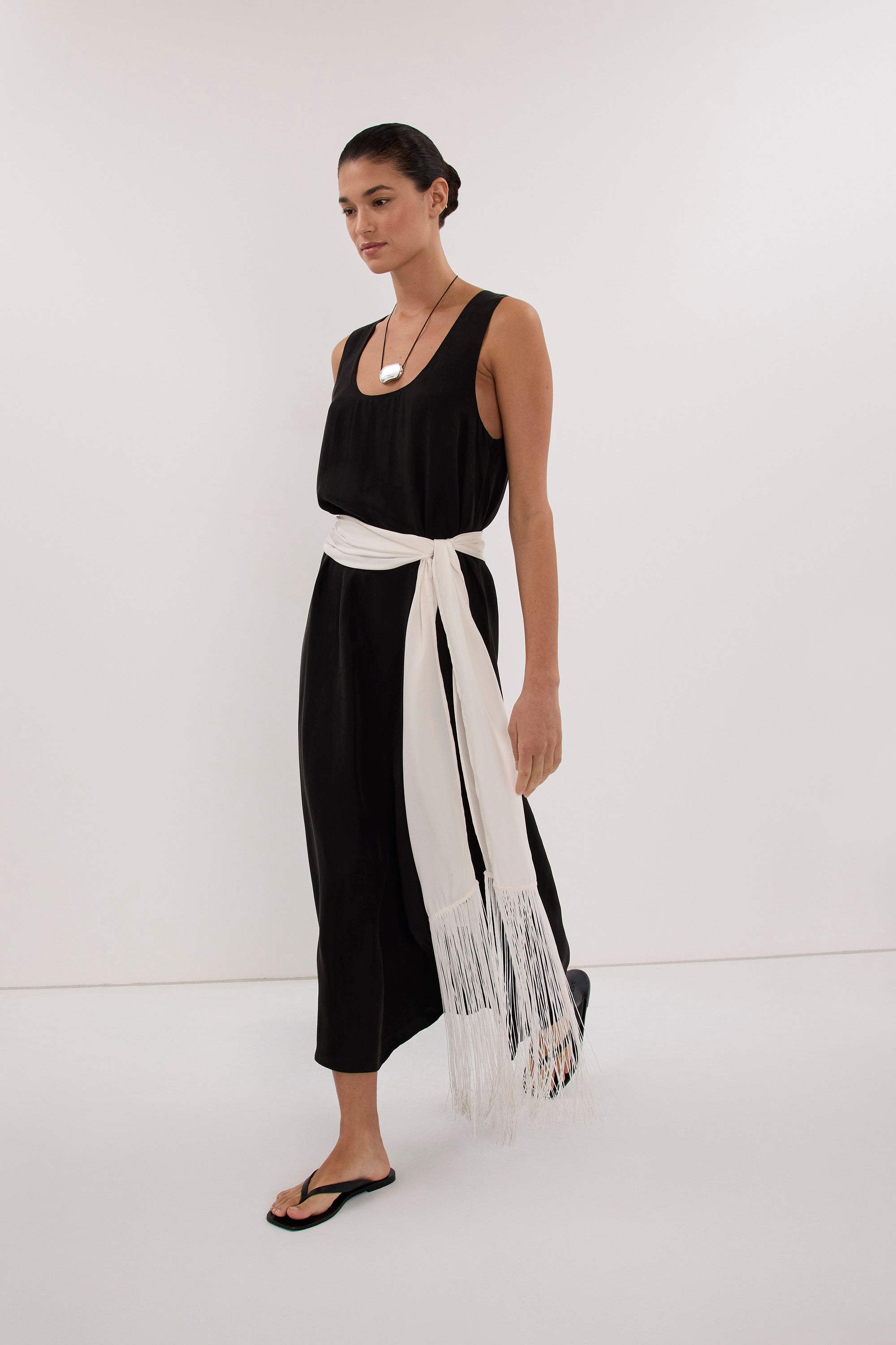PALORA BLACK CUPRO SCOOP MIDI DRESS