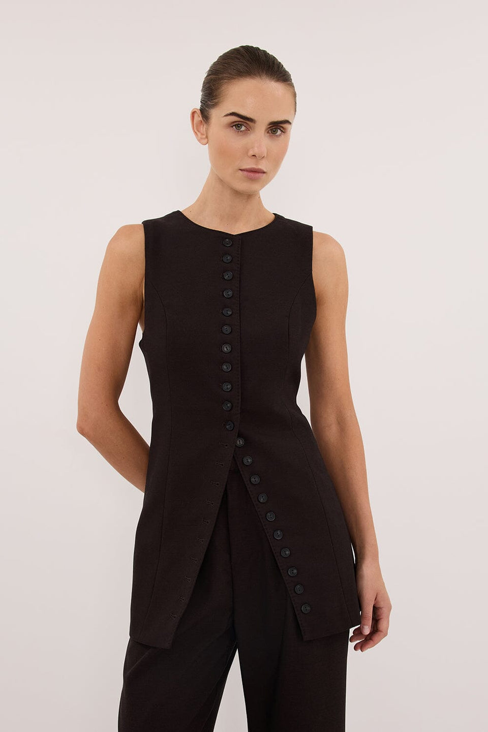 MONIQUE PEAT CHOC TAILORED VEST Clothing DISSH Boutiques 