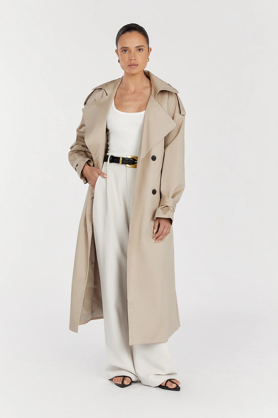 Stone coloured trench outlet coat