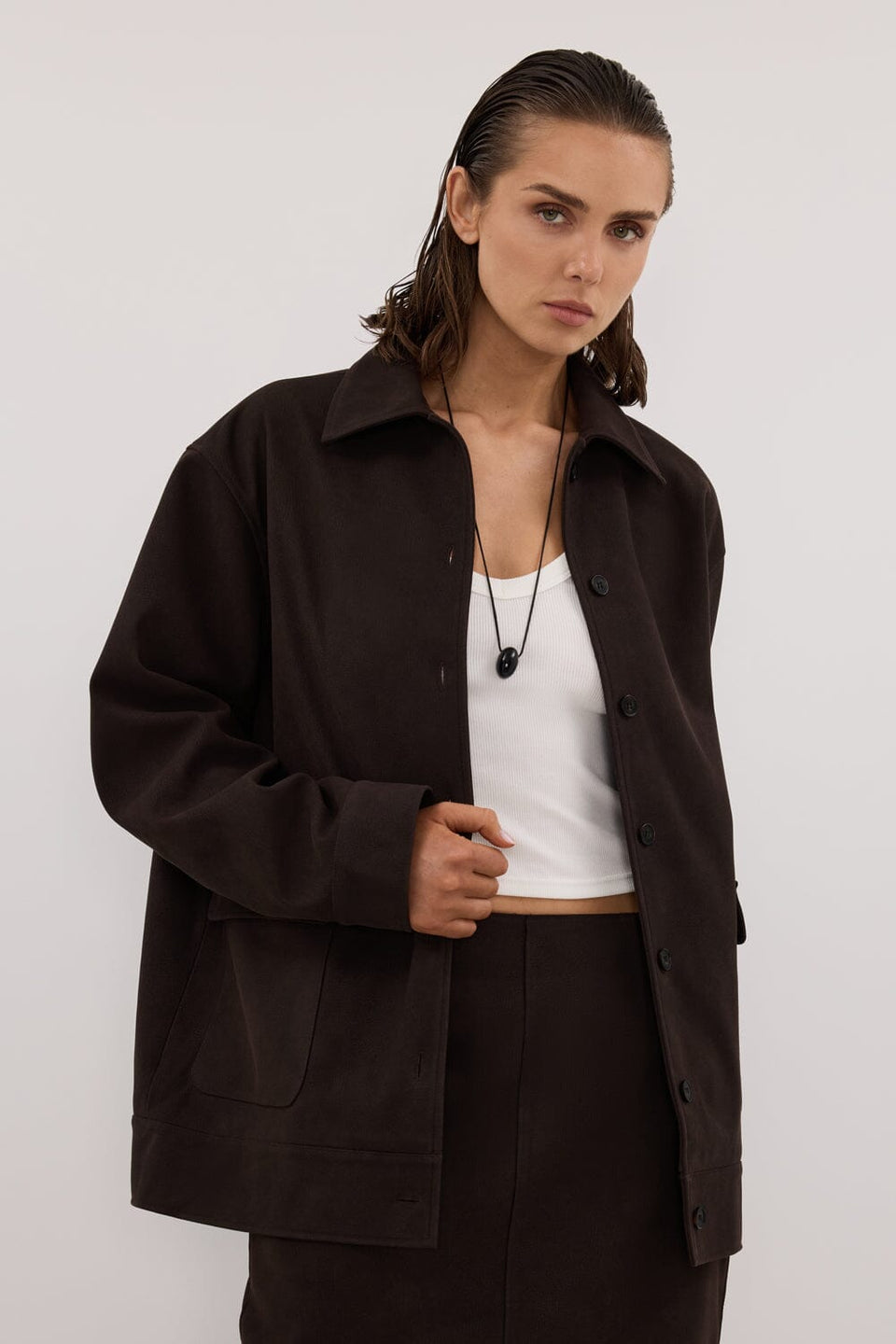 OTIS BITTER CHOC FAUX SUEDE JACKET Clothing DISSH Boutiques 