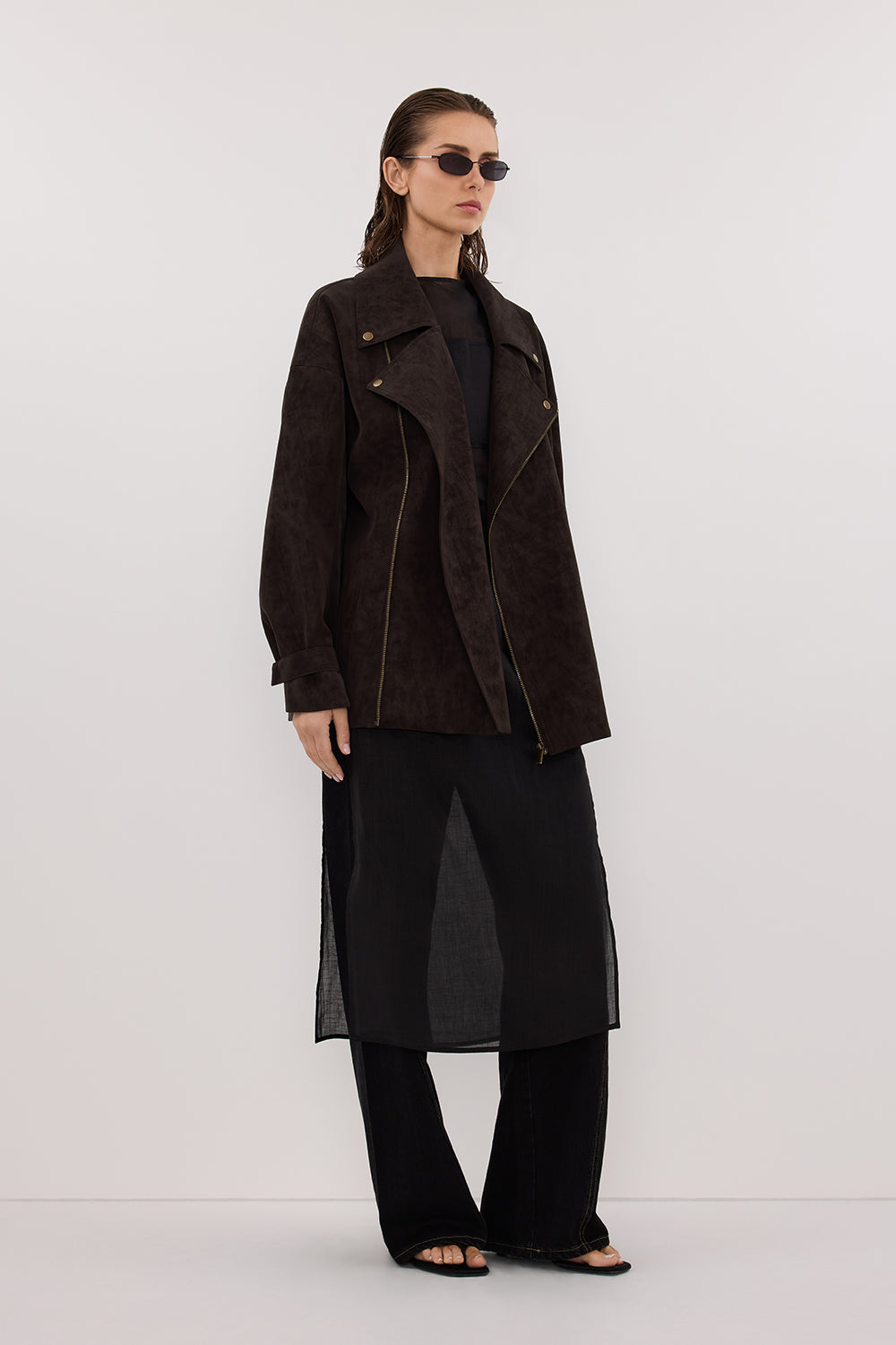 OAKLAND CHOC FAUX SUEDE LONG JACKET Clothing DISSH Boutiques 