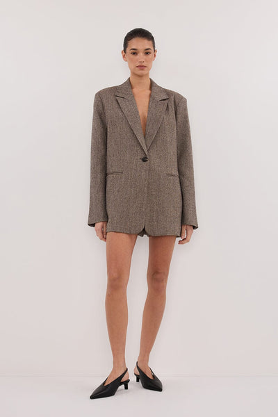 Aude wearing FRANKIE CHOC OVERSIZED TWEED BOYFRIEND BLAZER