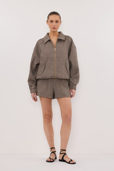 Stas wearing FRANKIE CHOC TWEED BOMBER JACKET