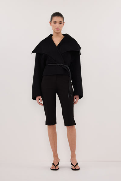 Aude wearing LUCIA BLACK CROPPED WOOL BLEND TRENCH COAT