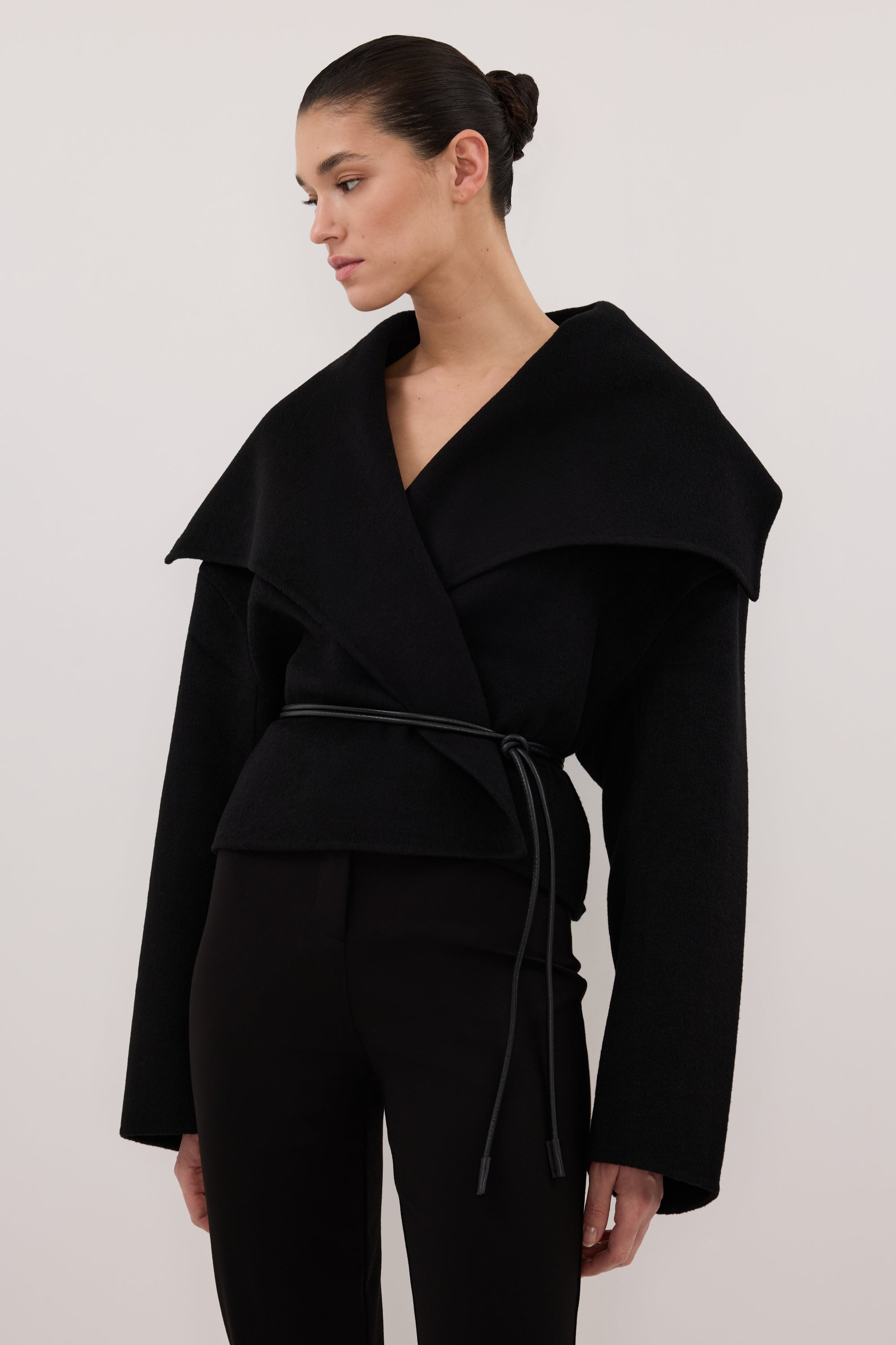 LUCIA BLACK CROPPED WOOL BLEND TRENCH COAT