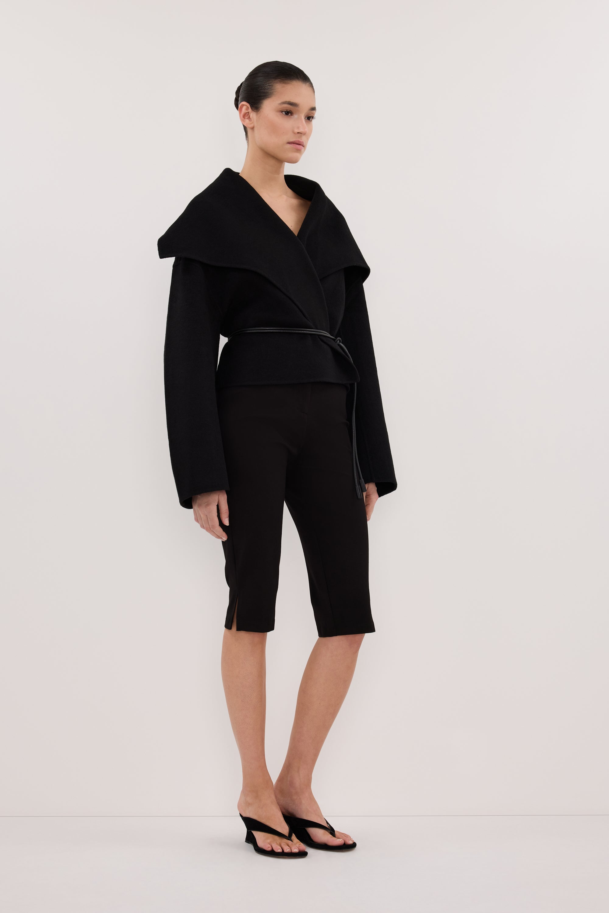 LUCIA BLACK CROPPED WOOL BLEND TRENCH COAT