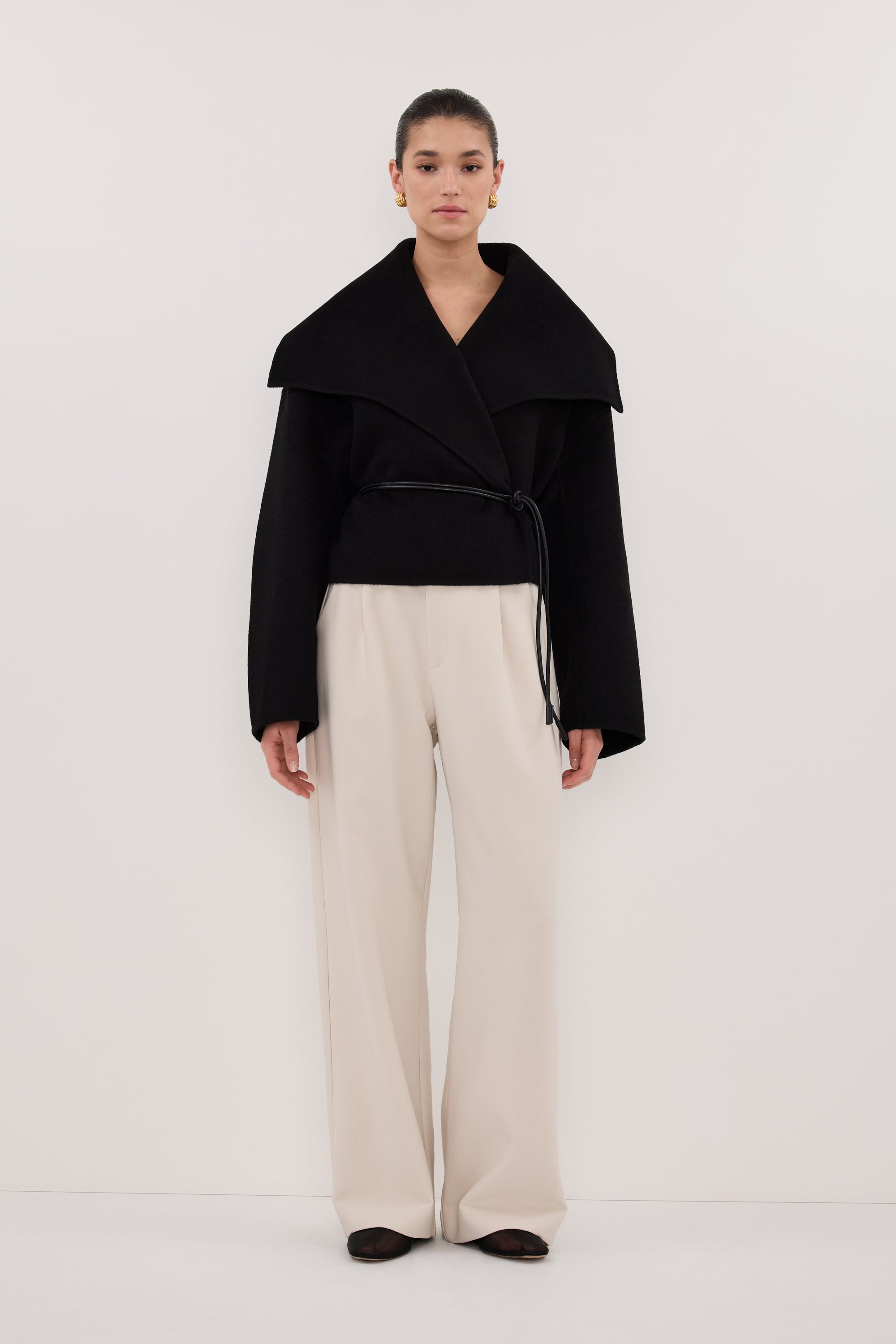 LUCIA BLACK CROPPED WOOL BLEND TRENCH COAT