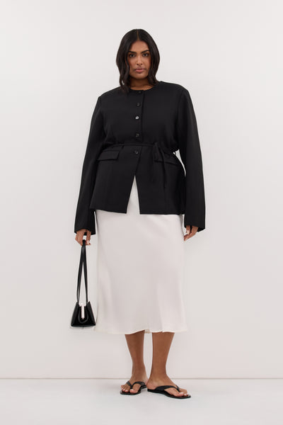 Shanaya wearing CYRUS BLACK COLLARLESS BLAZER