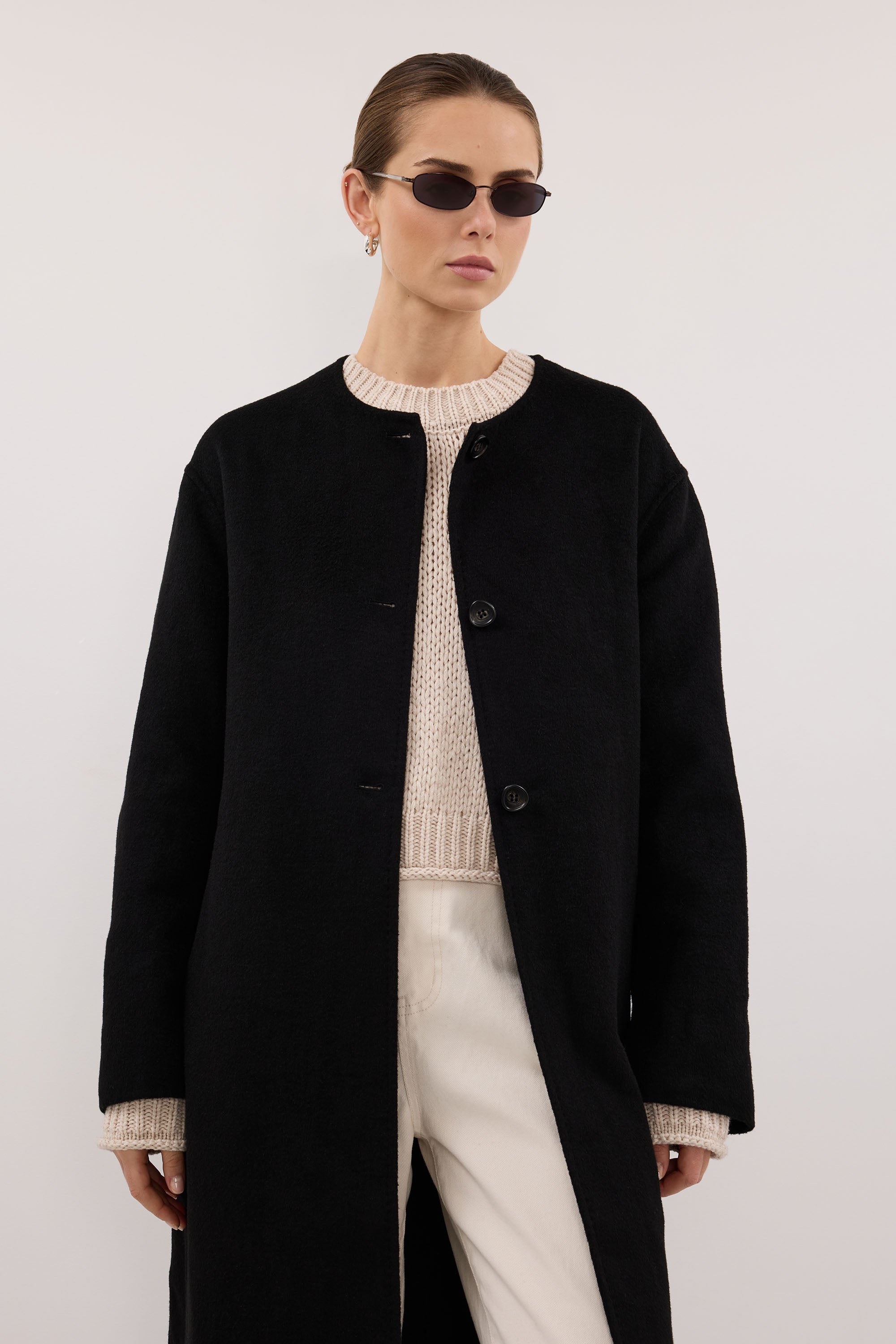 GRETA BLACK COLLARLESS WOOL BLEND COAT