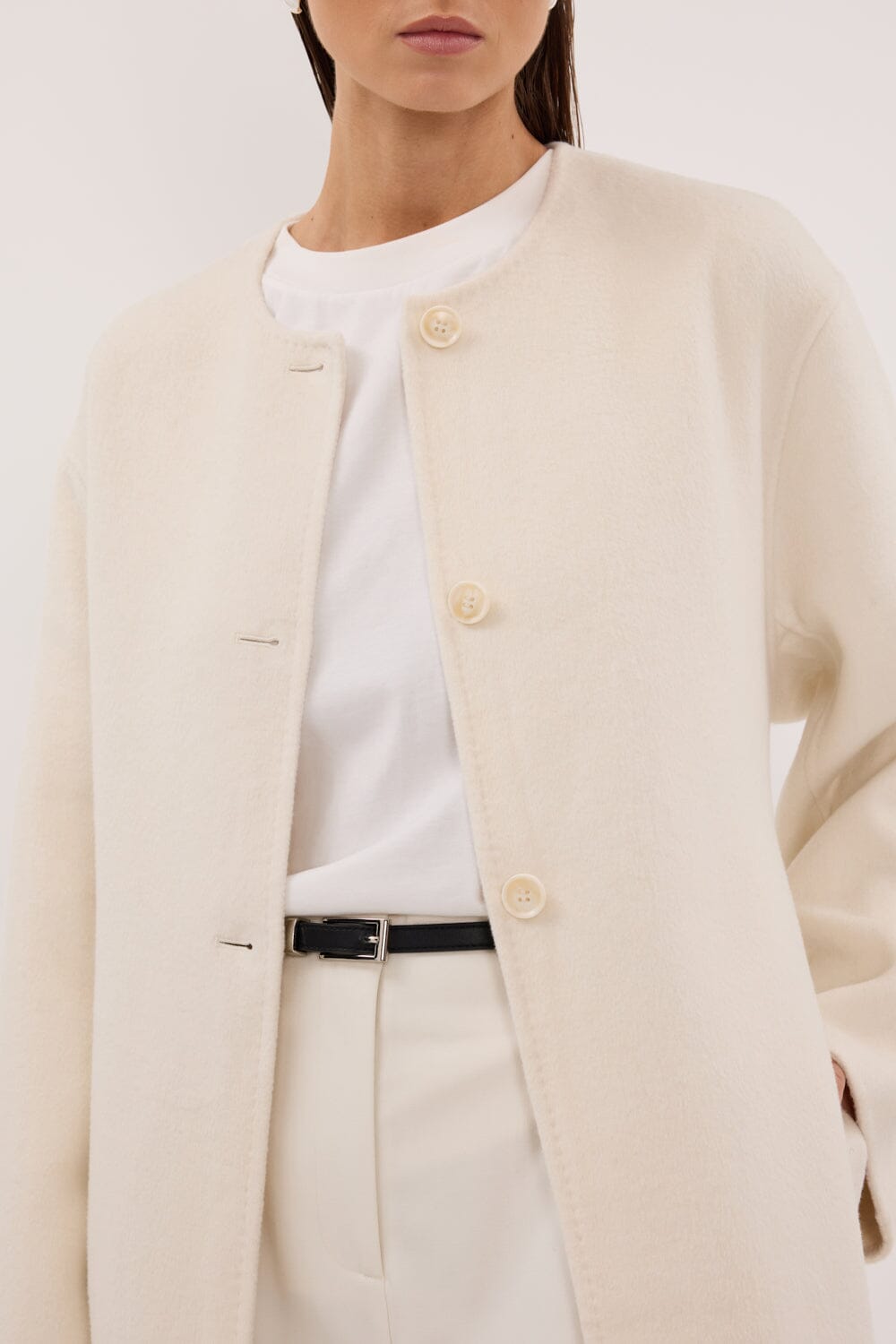 GRETA OFF WHITE COLLARLESS WOOL BLEND COAT