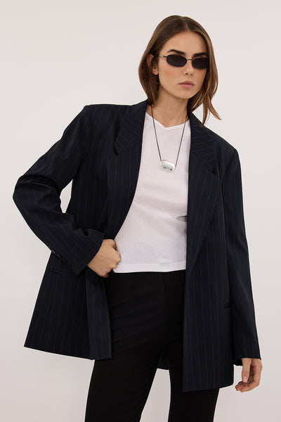 Stas wearing SIAN INK PINSTRIPE OVERSIZED BLAZER