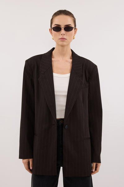 Stas wearing SIAN PEAT CHOC STRIPE OVERSIZED BLAZER