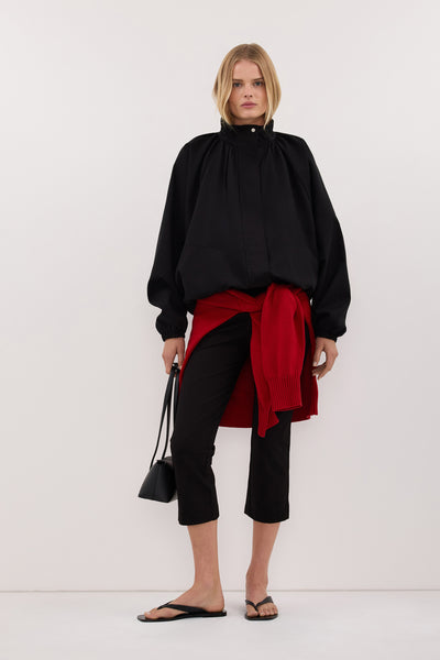 Zoe wearing OAKLEE BLACK BATWING LIGHTWEIGHT JACKET