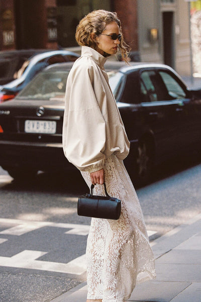 Zoe wearing OAKLEE OYSTER BATWING LIGHTWEIGHT JACKET
