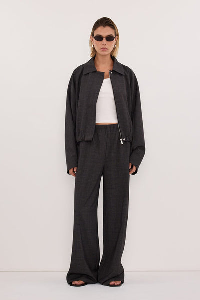 Joanna wearing MARCO GREY PLAID BOMBER JACKET