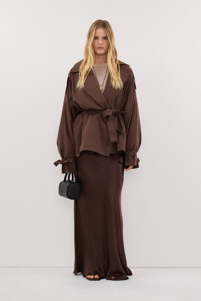 Zoe wearing NINA MILK CHOC LIGHTWEIGHT MINI TRENCH
