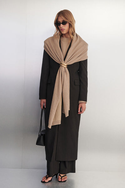 Kristen wearing MONIQUE PEAT LONGLINE BLAZER COAT