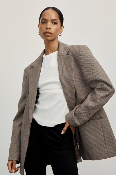 Kristen wearing ELLORY BUFF OVERSIZED HOUNDSTOOTH BLAZER