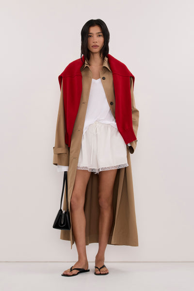 Zoey wearing KAELA TAN LIGHTWEIGHT TRENCH COAT