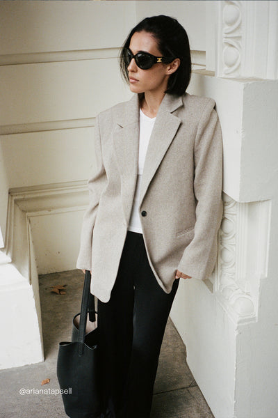 Ploy wearing AINSLY OAT TEXTURED BLAZER