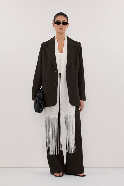 Aude wearing NOA BLACK OLIVE ASYM BACK BLAZER