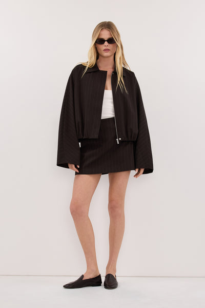 Zoe wearing SIAN PEAT PINSTRIPE BOMBER JACKET
