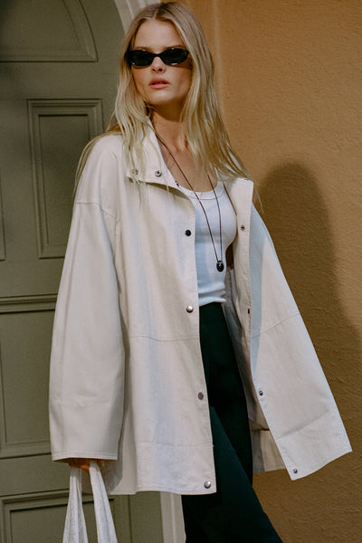 Zoe wearing MARIS OYSTER MID LENGTH JACKET
