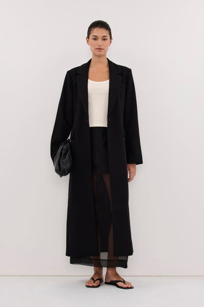 Aude wearing VIDA BLACK LONGLINE BLAZER COAT