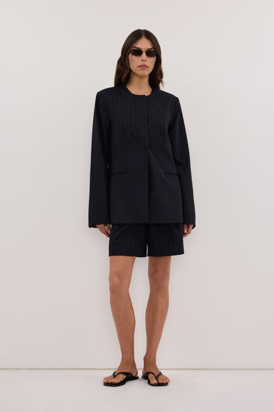 Helena  wearing SIAN INK PINSTRIPE RELAXED BLAZER