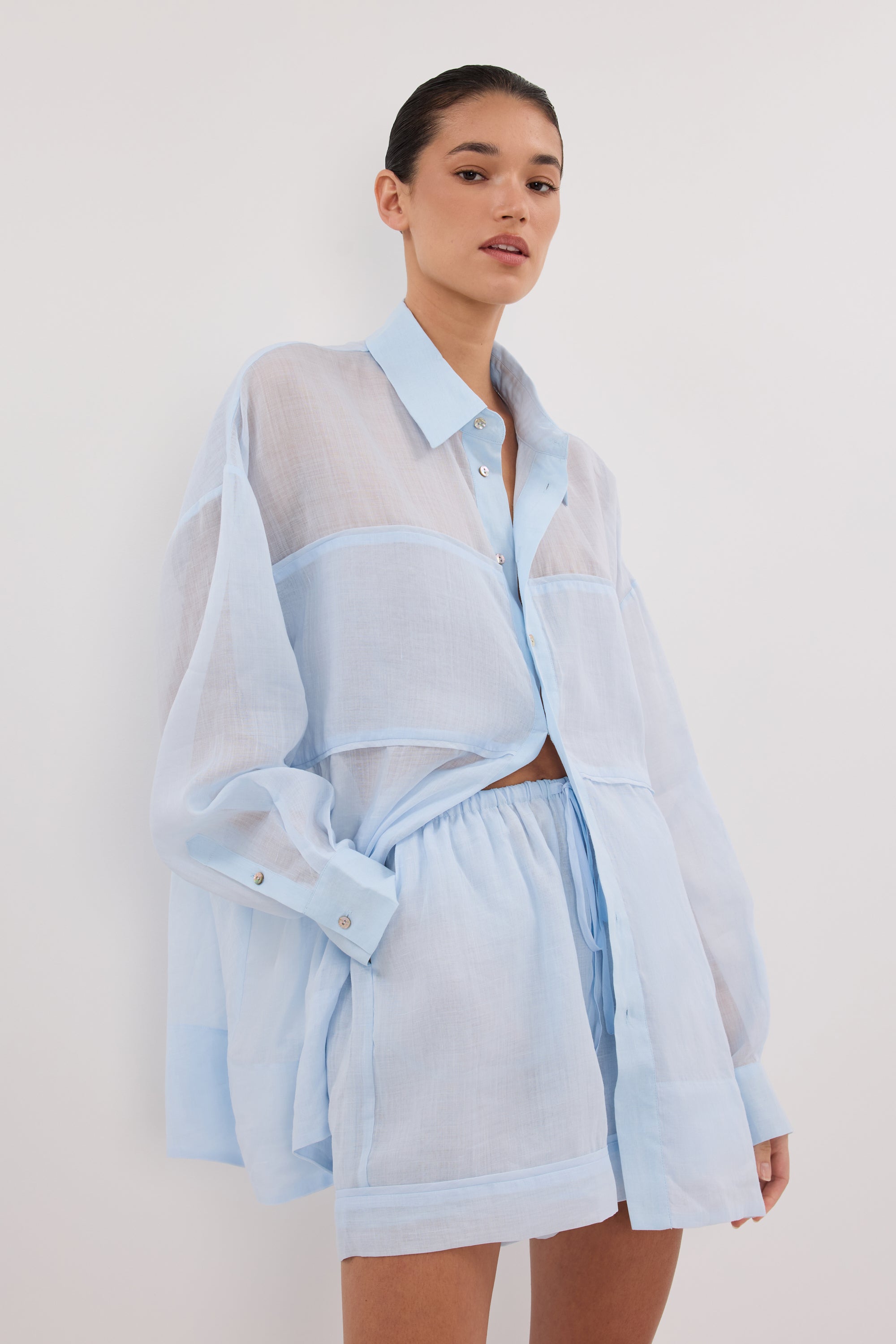 KAI CORNFLOWER OVERSIZED RAMIE LONG SLEEVE SHIRT