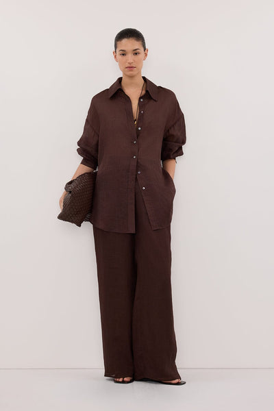Aude wearing GINNY BURNT CHOC LONG SLEEVE RAMIE SHIRT