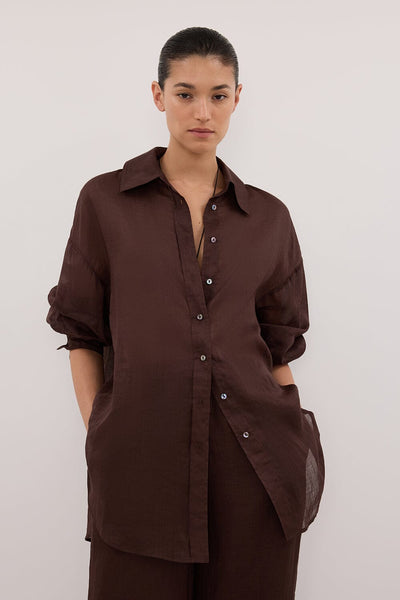 Jasmine wearing GINNY BURNT CHOC LONG SLEEVE RAMIE SHIRT