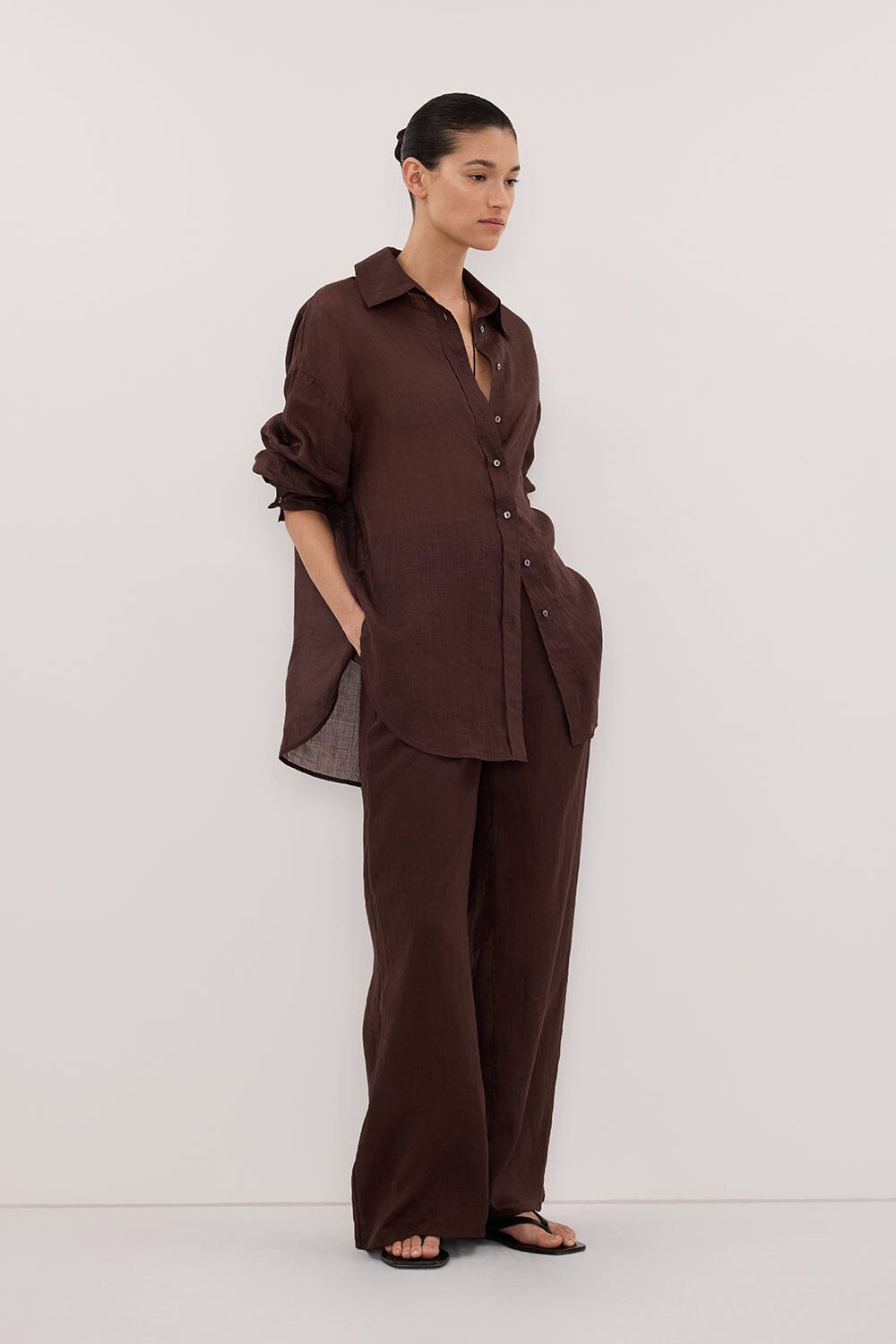 GINNY BURNT CHOC LONG SLEEVE RAMIE SHIRT