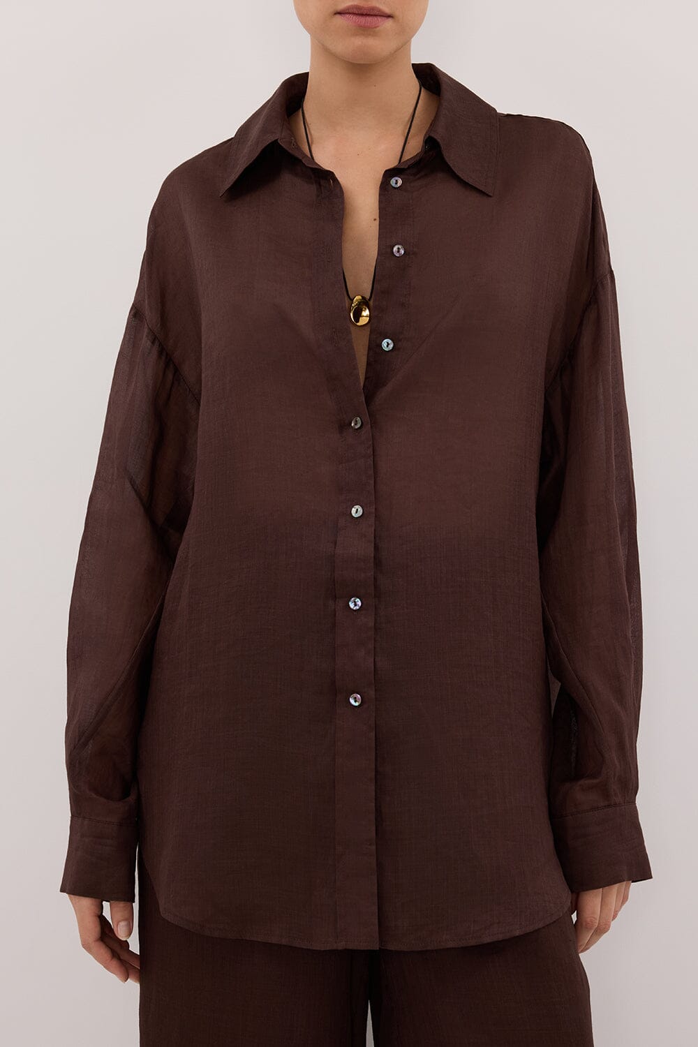 GINNY BURNT CHOC LONG SLEEVE RAMIE SHIRT