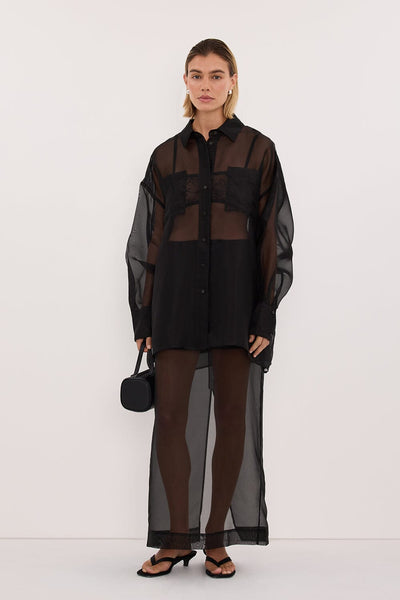 Joanna wearing SIAN BLACK SILK ORGANZA SHIRT
