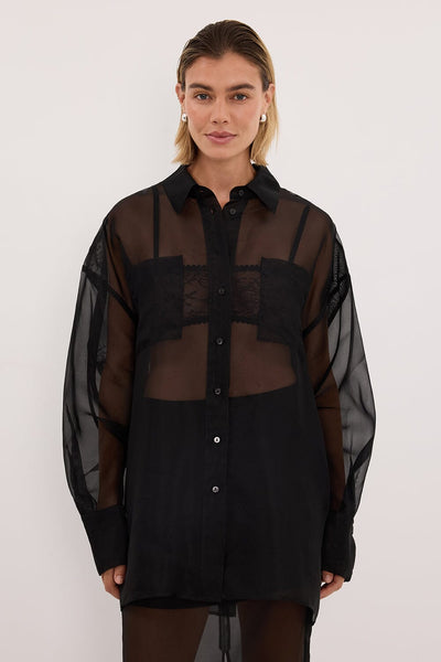 Joanna wearing SIAN BLACK SILK ORGANZA SHIRT