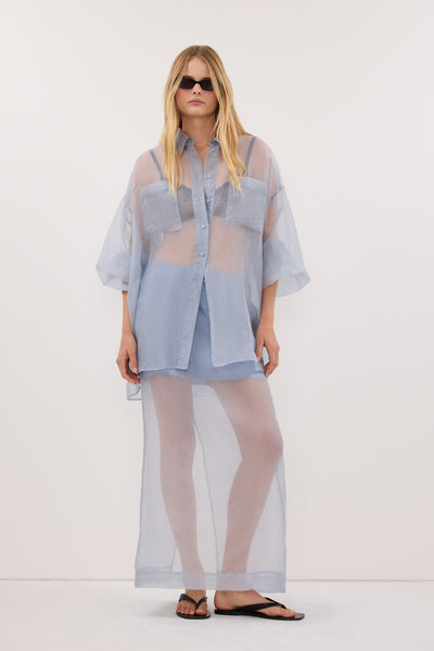 Anaya  wearing SIAN DUSTY BLUE SILK ORGANZA SHIRT