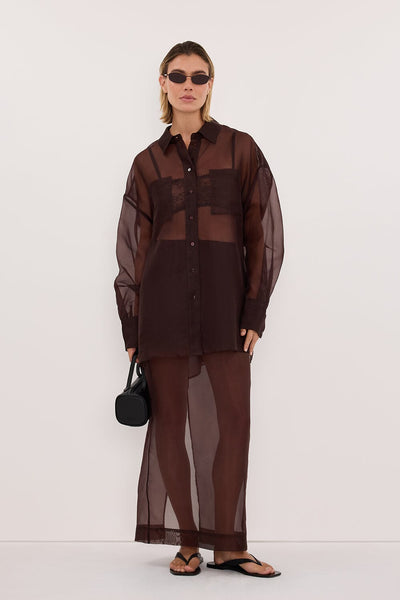 Joanna wearing SIAN DARK CHOC SILK ORGANZA SHIRT