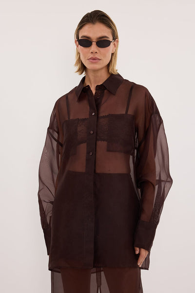 Joanna wearing SIAN DARK CHOC SILK ORGANZA SHIRT