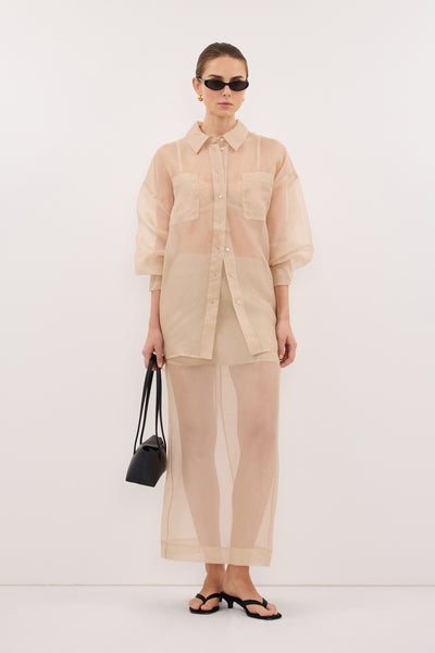 Stas wearing SIAN GOLD SILK ORGANZA SHIRT