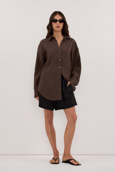 Helena  wearing CALIA MILK CHOCOLATE RELAXED SHIRT