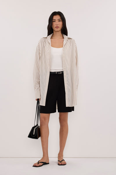 Zoey wearing ANDY OFF WHITE SILK BLEND SHIRT